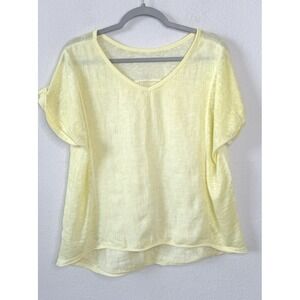 Italian Linen Top L Yellow Sheer Mixed Texture V Neck Oversized Coastal Beachy